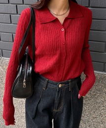 ISOOK | 【ISOOK / アイスー】ケーブルデザインポロニット / カーディガン ポロシャツ ニット ポロニット プルオーバー セーター 赤ニット 春ニット 長袖 襟付き 羽織り アイボリー ブラック レッド 白 黒 赤 ZOZOTOWN限定(ポロシャツ)