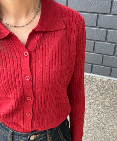 ISOOK（アイスー）の「【ISOOK / アイスー】ケーブルデザインポロニット / カーディガン ポロシャツ ニット ポロニット プルオーバー セーター 赤ニット 春ニット 長袖 襟付き 羽織り アイボリー ブラック レッド 白 黒 赤 ZOZOTOWN限定（ポロシャツ・レディース・ブラック/アイボリー/レッド・FREE）」の15枚目の写真