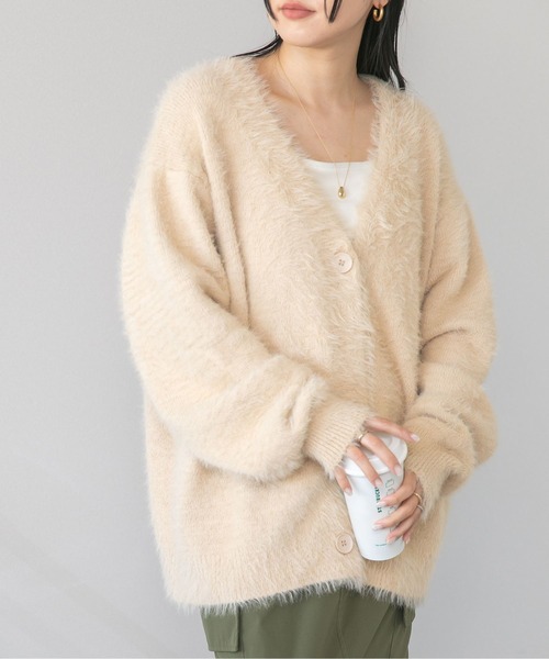 LinoU.(リノユー)の「シャギーニットVネックカーディガン(カーディガン/ボレロ・レディース・ベージュ/チャコール/ブラック・S/M/L)」の1枚目の写真