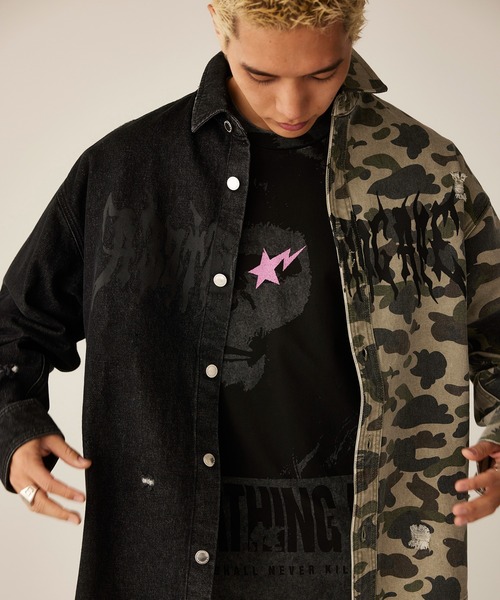 A BATHING APE（アベイシングエイプ）の「1ST CAMO BLOCKING DESTORYED HEAVY WASH LOGO LS SHIRT（シャツ/ブラウス・メンズ・ブラック・MEDIUM/XX-LARGE/SMALL/LARGE）」の5枚目の写真