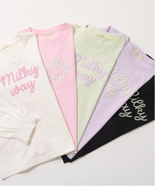 Lycee mine（リセマイン）の「【ソフトコットン】ロゴ刺しゅうボリュームスリーブトップス（Tシャツ/カットソー・キッズ・ブラック/オフホワイト/ライトピンク/ライトグリーン/ラベンダー・150cm/110cm/100cm/120cm/130cm/140cm）」の12枚目の写真
