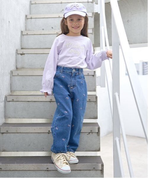 Lycee mine（リセマイン）の「【ソフトコットン】ロゴ刺しゅうボリュームスリーブトップス（Tシャツ/カットソー・キッズ・ブラック/オフホワイト/ライトピンク/ライトグリーン/ラベンダー・150cm/110cm/100cm/120cm/130cm/140cm）」の14枚目の写真