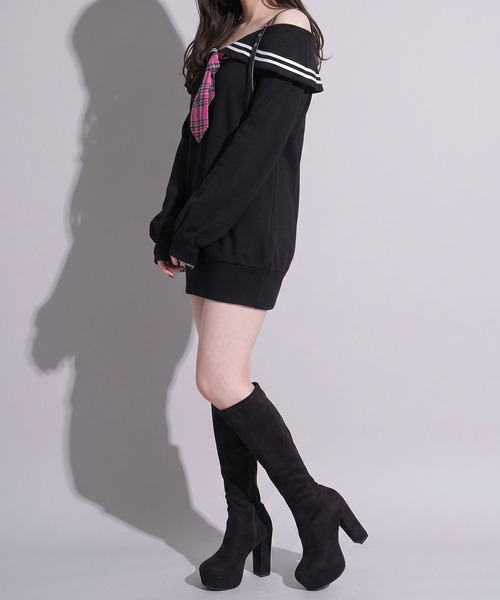 Diable baiser（ディアブルベーゼ）の「チェック柄ネクタイ地雷ギャルミニワンピ【大きいサイズ有】（ワンピース・レディース・ホワイト/ブラック・LL～3L/M-L）」の5枚目の写真