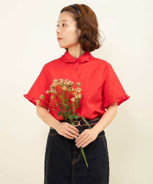 CHILD WOMAN（チャイルドウーマン）の「FINXブロード/綿ローン フリル丸襟半袖ブラウス（シャツ/ブラウス・レディース・ホワイト/レッド/サックスブルー/その他・FREE）」の5枚目の写真