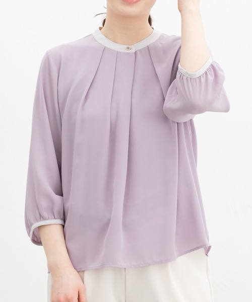 Honeys（ハニーズ）の「７分袖配色ブラウス（シャツ/ブラウス・レディース・ホワイト/ホワイト系その他/ライトグリーン系/イエロー系その他/ラベンダー/ネイビー・3L/S/M/LL/L）」の5枚目の写真