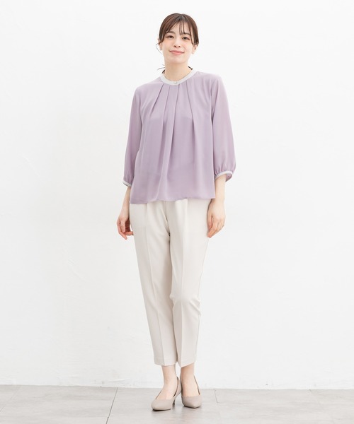 Honeys（ハニーズ）の「７分袖配色ブラウス（シャツ/ブラウス・レディース・ホワイト/ホワイト系その他/ライトグリーン系/イエロー系その他/ラベンダー/ネイビー・3L/S/M/LL/L）」の9枚目の写真