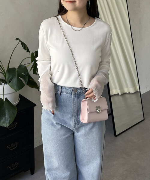 prose verse（プロズヴェール）の「ラメ袖シアー切替トップス（Tシャツ/カットソー・レディース・ピンク/チャコールグレー/オフホワイト/ブラック・LARGE/MEDIUM）」の5枚目の写真