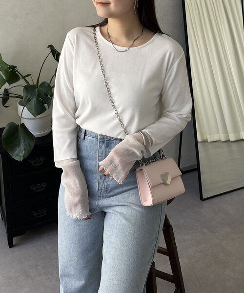 prose verse（プロズヴェール）の「ラメ袖シアー切替トップス（Tシャツ/カットソー・レディース・ピンク/チャコールグレー/オフホワイト/ブラック・LARGE/MEDIUM）」の6枚目の写真