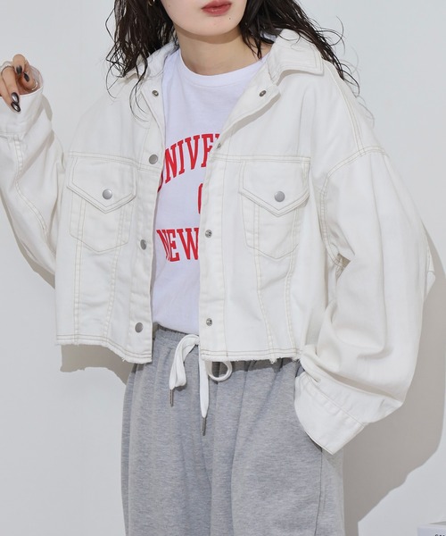 hunch（ハンチ）の「hunch デニムショート丈ジャケット（デニムジャケット・レディース・ホワイト/ライトインディゴブルー/グレー・FREE）」の4枚目の写真