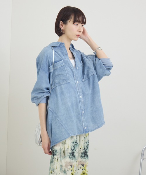 ☆ブラウス シャツ 袖リブシアーデニムシャツ レディース☆ DouDou ブラウス シャツ 袖リブシアーデニムシャツ レディース