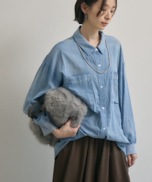 新品 Dignite Collier 袖リブシアーデニムスナップボタン付シャツ Dignite Collier 袖リブシアーデニムスナップボタン付シャツ