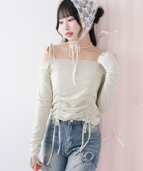 DearMyLoveRose（ディアマイラブローズ）の「ラメシアーオフショルカットトップス（Tシャツ/カットソー・レディース・ホワイト/ベビーピンク/ミント/ブルー/グレー/ブラック・MEDIUM/LARGE/LL/3L）」の4枚目の写真