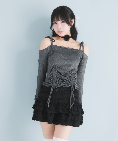 DearMyLoveRose（ディアマイラブローズ）の「ラメシアーオフショルカットトップス（Tシャツ/カットソー・レディース・ホワイト/ベビーピンク/ミント/ブルー/グレー/ブラック・MEDIUM/LARGE/LL/3L）」の2枚目の写真