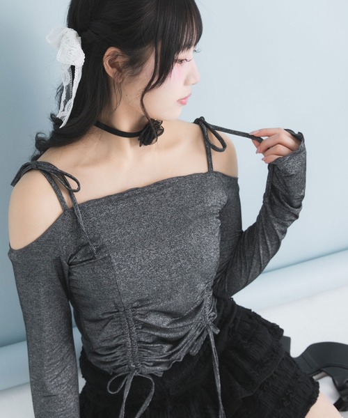 DearMyLoveRose（ディアマイラブローズ）の「ラメシアーオフショルカットトップス（Tシャツ/カットソー・レディース・ホワイト/ベビーピンク/ミント/ブルー/グレー/ブラック・MEDIUM/LARGE/LL/3L）」の18枚目の写真