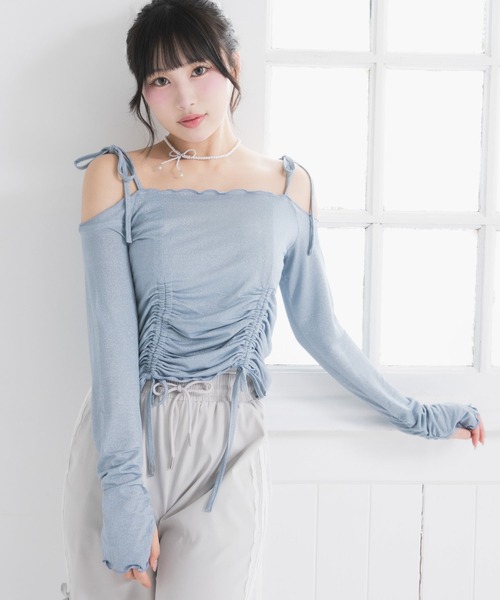 DearMyLoveRose（ディアマイラブローズ）の「ラメシアーオフショルカットトップス（Tシャツ/カットソー・レディース・ホワイト/ベビーピンク/ミント/ブルー/グレー/ブラック・MEDIUM/LARGE/LL/3L）」の17枚目の写真