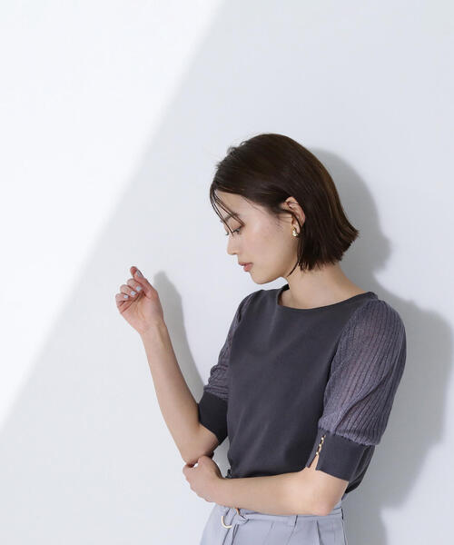 NATURAL BEAUTY BASIC（ナチュラルビューティーベーシック）の「◇シアーラメプリーツスリーブニット（ニット/セーター・レディース・ラベンダー/ベージュ/オフホワイト/チャコールグレー・FREE）」の3枚目の写真