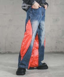 Shoowtime | Wide denim pants with synthetic leather design / ポイント合成皮革デザインワイドデニムパンツ(デニムパンツ)