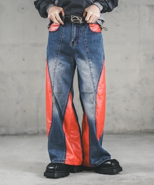 セール】Wide denim pants with synthetic leather design