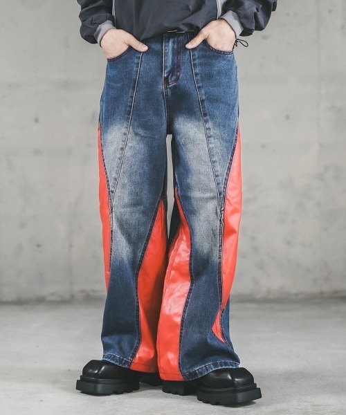 Shoowtime（ショウタイム）の「Wide denim pants with synthetic leather design / ポイント合成皮革デザインワイドデニムパンツ（デニムパンツ・メンズ・ブルー系/ブラック系・X-LARGE/LARGE/MEDIUM/SMALL）」の6枚目の写真