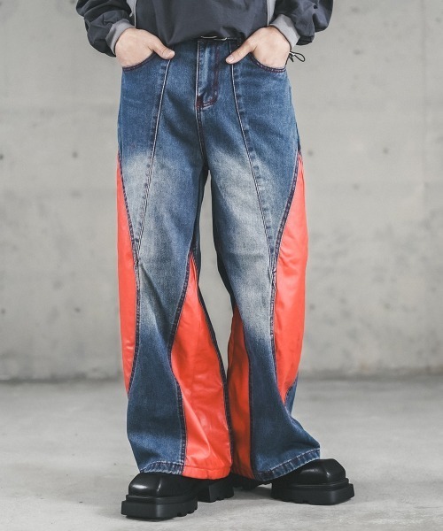 セール】Wide denim pants with synthetic leather design