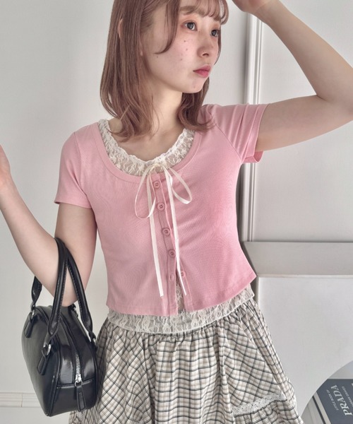 Loueme（ルエム）の「レースリボンレイヤードトップス（Tシャツ/カットソー・レディース・ホワイト/ピンク/グレー/ブラック/ライトブルー・FREE）」の5枚目の写真