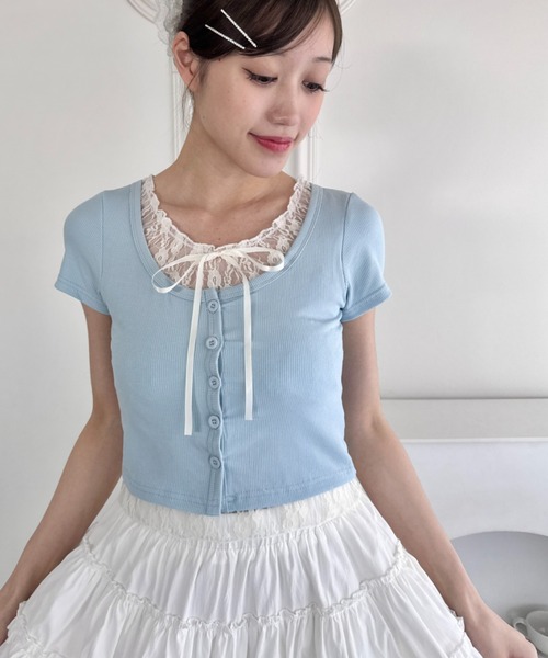 Loueme（ルエム）の「レースリボンレイヤードトップス（Tシャツ/カットソー・レディース・ホワイト/ピンク/グレー/ブラック/ライトブルー・FREE）」の4枚目の写真