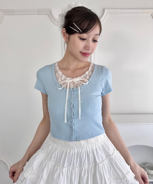 セール】レースリボンレイヤードトップス（Tシャツ/カットソー