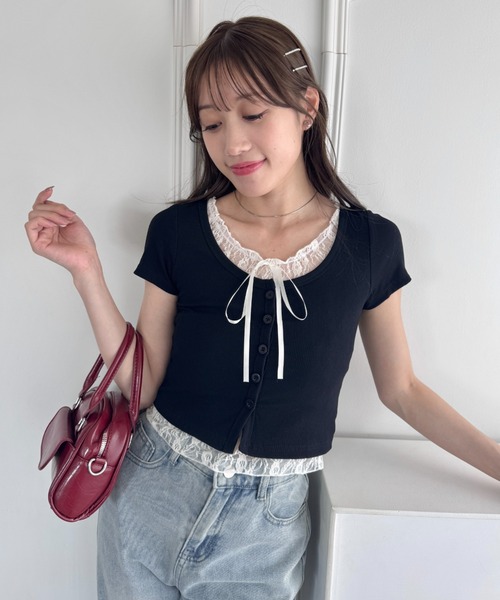 Loueme（ルエム）の「レースリボンレイヤードトップス（Tシャツ/カットソー・レディース・ホワイト/ピンク/グレー/ブラック/ライトブルー・FREE）」の14枚目の写真