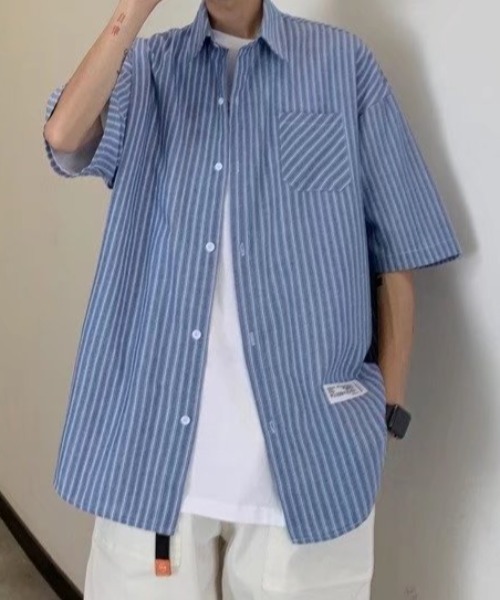 link lot(リンクロット)の「ワンポイントストライプビッグシャツ(シャツ/ブラウス・メンズ・ホワイト/ブラック/ブルー・M/L)」の4枚目の写真