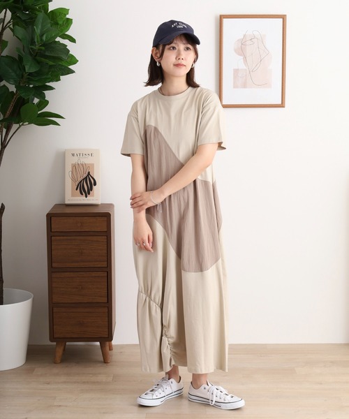A.N.L(エーエヌエル レーベル)の「A.N.L 異素材アシメ切替カットソーワンピース(ワンピース・レディース・ブラック/グレイッシュベージュ/チャコールグレー・38)」の3枚目の写真