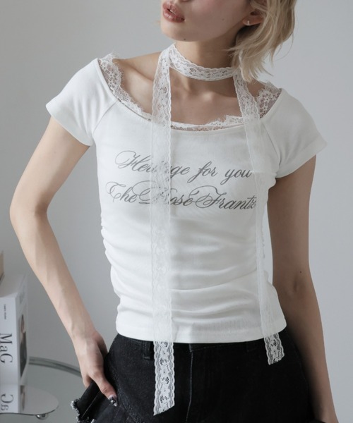 Ulysses（ユリシス）の「レースチョーカー付きオフショルＴシャツ（Tシャツ/カットソー・レディース・オフホワイト/グレー・L/M/S）」の2枚目の写真