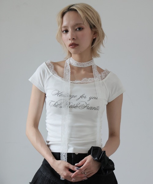 Ulysses（ユリシス）の「レースチョーカー付きオフショルＴシャツ（Tシャツ/カットソー・レディース・オフホワイト/グレー・L/M/S）」の7枚目の写真