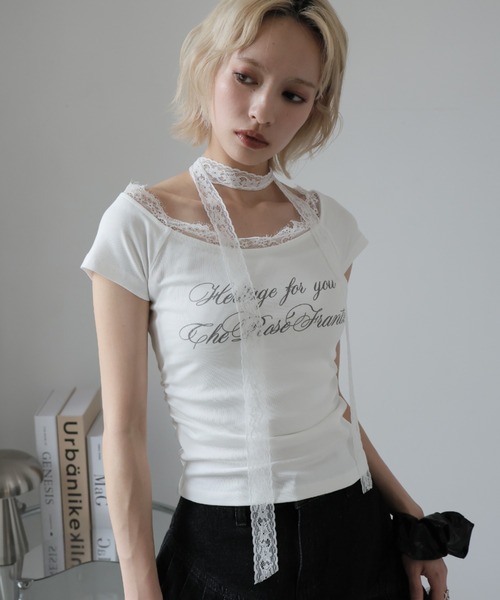 Ulysses（ユリシス）の「レースチョーカー付きオフショルＴシャツ（Tシャツ/カットソー・レディース・オフホワイト/グレー・L/M/S）」の8枚目の写真