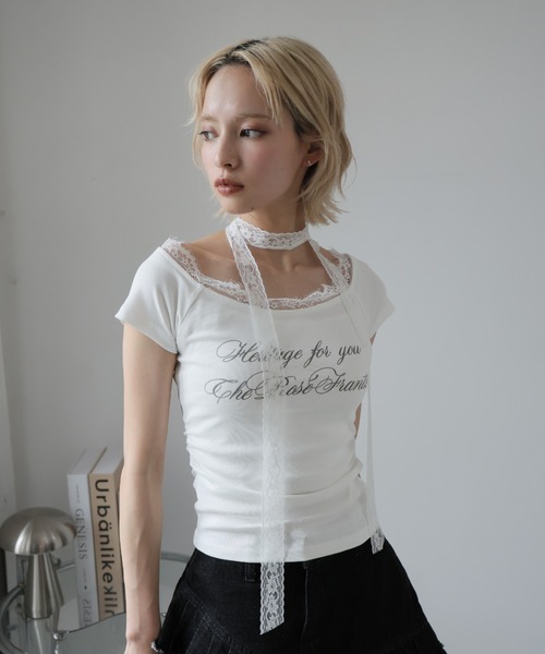 Ulysses（ユリシス）の「レースチョーカー付きオフショルＴシャツ（Tシャツ/カットソー・レディース・オフホワイト/グレー・L/M/S）」の9枚目の写真