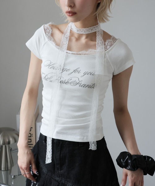 Ulysses（ユリシス）の「レースチョーカー付きオフショルＴシャツ（Tシャツ/カットソー・レディース・オフホワイト/グレー・L/M/S）」の11枚目の写真