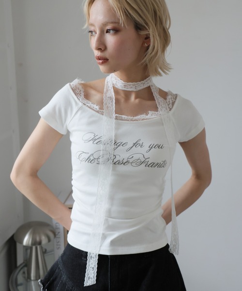 Ulysses（ユリシス）の「レースチョーカー付きオフショルＴシャツ（Tシャツ/カットソー・レディース・オフホワイト/グレー・L/M/S）」の6枚目の写真