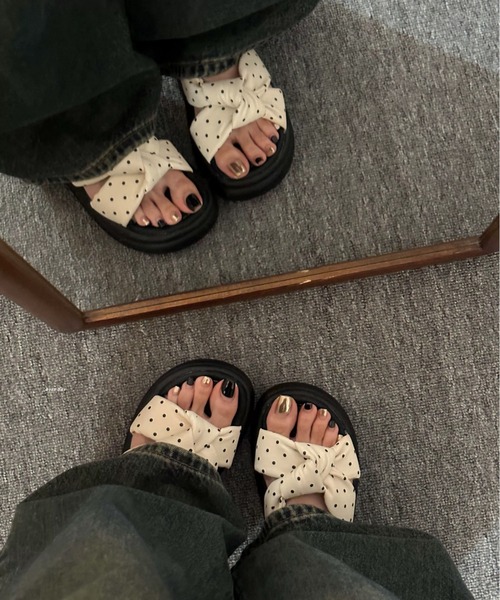 セール】新柄追加/ドット柄クロスリボン厚底サンダル（サンダル