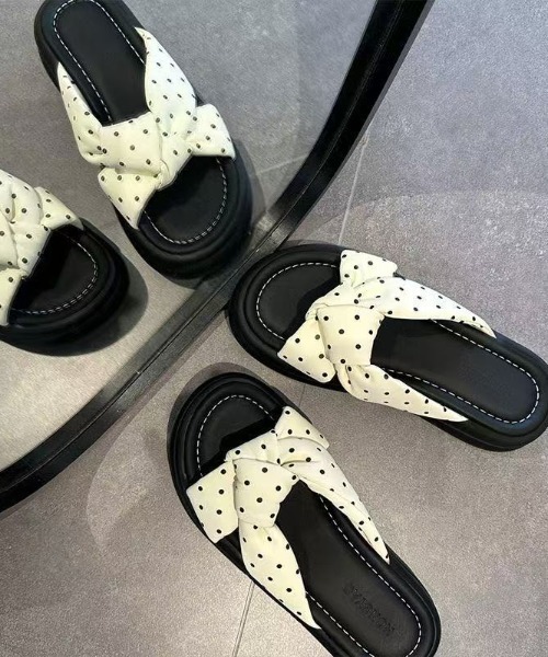 セール】新柄追加/ドット柄クロスリボン厚底サンダル（サンダル