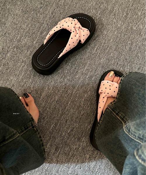 セール】新柄追加/ドット柄クロスリボン厚底サンダル（サンダル