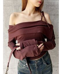 リブオフショルトップス 秋服