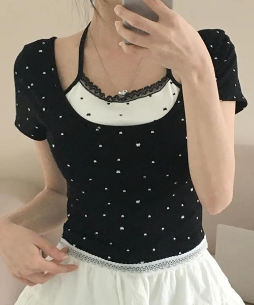 Per sist ence(パーシエンス)の「レイヤード風カップ付きカットソー(Tシャツ/カットソー・レディース・ホワイト/ブラック/グレー・ONE SIZE)」の1枚目の写真