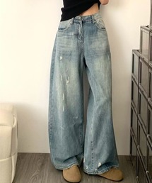 MAISON DE THERESE | ウォッシュ加工ダメージデザインワイドレッグジーンズ(デニムパンツ)