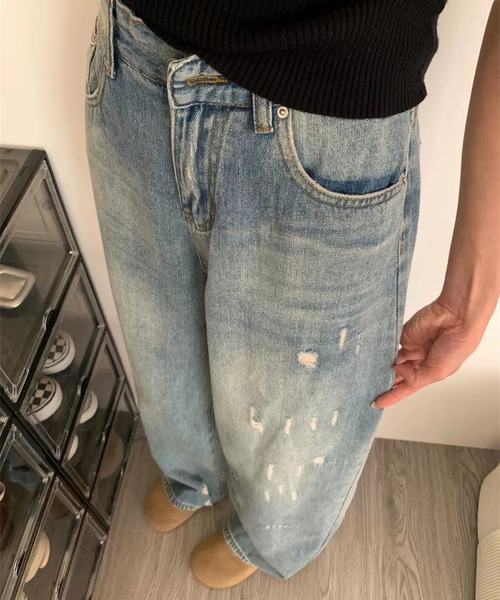 MAISON DE THERESE（メゾン ド テレーズ）の「ウォッシュ加工ダメージデザインワイドレッグジーンズ（デニムパンツ・レディース・ブルー・S/M/L/XL/XS/2XL）」の10枚目の写真