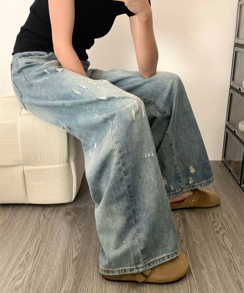 MAISON DE THERESE（メゾン ド テレーズ）の「ウォッシュ加工ダメージデザインワイドレッグジーンズ（デニムパンツ・レディース・ブルー・S/M/L/XL/XS/2XL）」の9枚目の写真