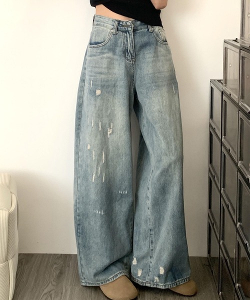 MAISON DE THERESE（メゾン ド テレーズ）の「ウォッシュ加工ダメージデザインワイドレッグジーンズ（デニムパンツ・レディース・ブルー・S/M/L/XL/XS/2XL）」の4枚目の写真