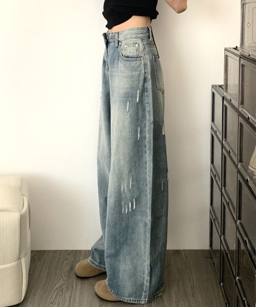 MAISON DE THERESE（メゾン ド テレーズ）の「ウォッシュ加工ダメージデザインワイドレッグジーンズ（デニムパンツ・レディース・ブルー・S/M/L/XL/XS/2XL）」の6枚目の写真