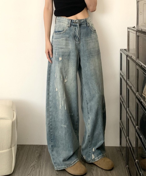 MAISON DE THERESE（メゾン ド テレーズ）の「ウォッシュ加工ダメージデザインワイドレッグジーンズ（デニムパンツ・レディース・ブルー・S/M/L/XL/XS/2XL）」の7枚目の写真