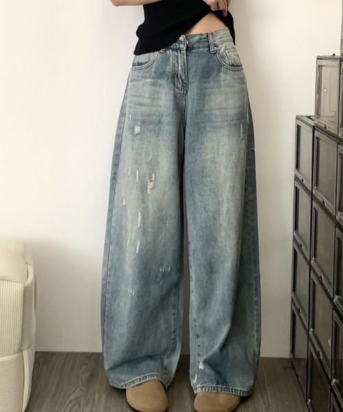 MAISON DE THERESE（メゾン ド テレーズ）の「ウォッシュ加工ダメージデザインワイドレッグジーンズ（デニムパンツ・レディース・ブルー・S/M/L/XL/XS/2XL）」の8枚目の写真