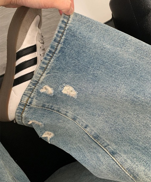 MAISON DE THERESE（メゾン ド テレーズ）の「ウォッシュ加工ダメージデザインワイドレッグジーンズ（デニムパンツ・レディース・ブルー・S/M/L/XL/XS/2XL）」の12枚目の写真