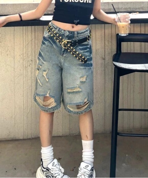 NANEA(ナネア)の「ダメージデニムハーフパンツ(デニムパンツ・レディース・ブルー・X-SMALL/SMALL/MEDIUM/LARGE)」の4枚目の写真